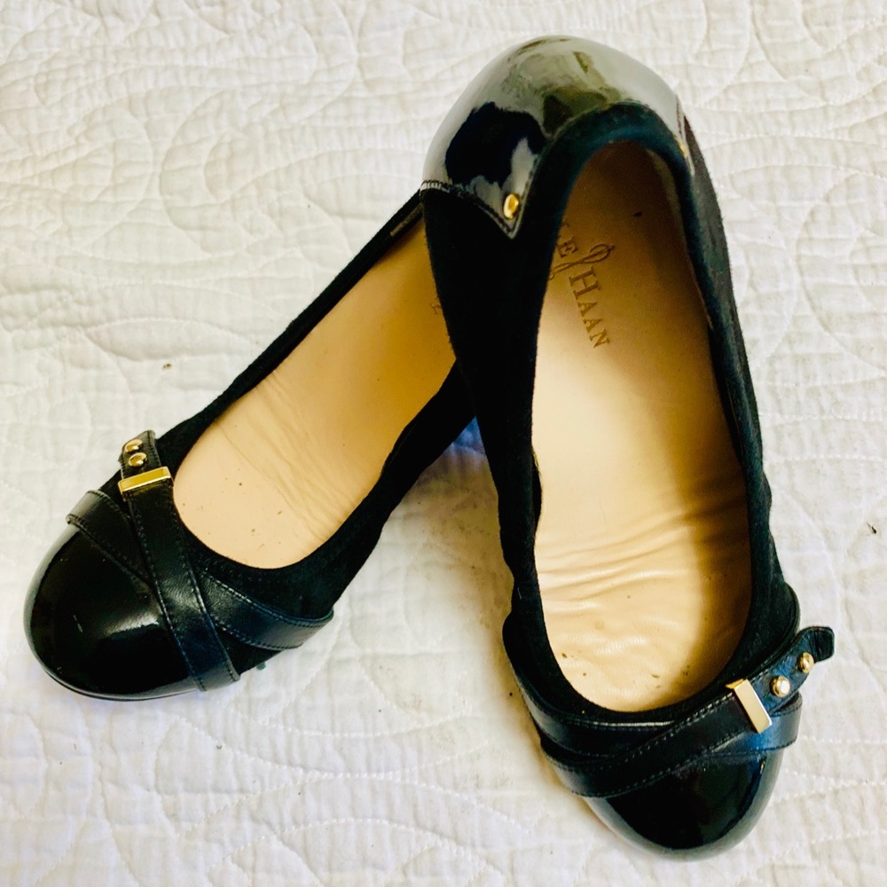 Cole Haan black suede and patent leather wedges